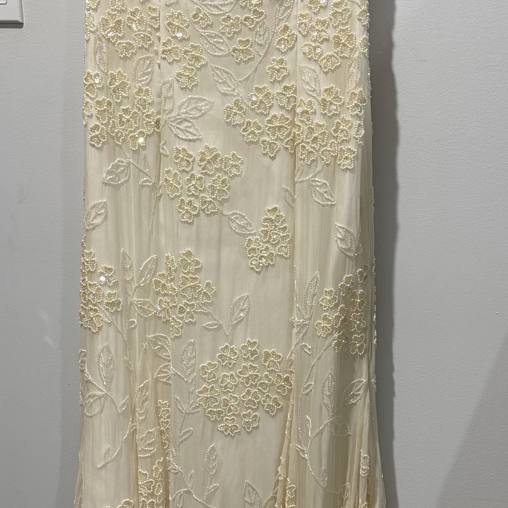 Vintage Cache 100% Silk Beaded Cream White Strapless Gown Dress Prom Wedding XS